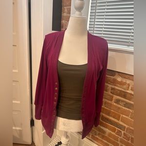 Nenona boyfriend V neck cardigan 13 snap closure raspberry ribbed bottom/wrists